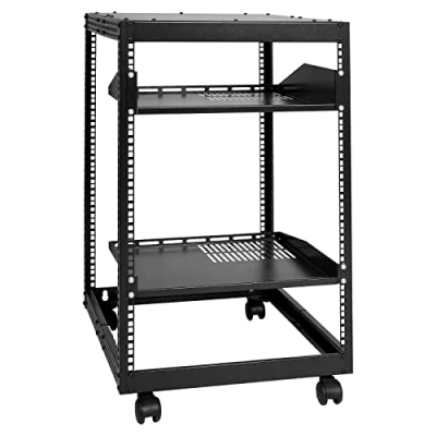 Abbildung von VEVOR 15U Server Rack mit offenem Rahmen, 15&#039;&#039; 40&#039;&#039; verstellbare Tiefe, freistehender oder wandmontierter Netzwerk Rack, 4 Pfosten AV Rollen, bietet Platz für Ihre gesamte IT