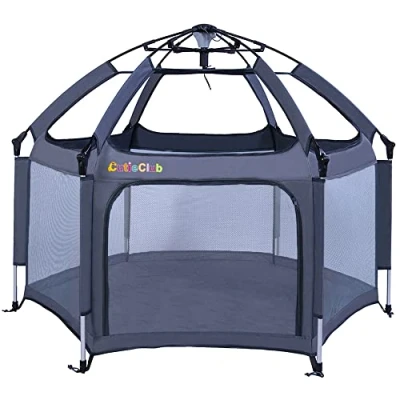 Abbildung von Laufstall Baby Faltbar mit Matratze, CutieClub Laufgitter Pop up Laufstall, Großer 6 Eckig Playpen Anti UV Überdachung Reiselaufstall Tragetasche für Haus,Garten,Strand Outdoor (Grau)