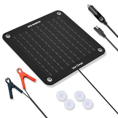 Abbildung von ECO WORTHY 12 Volt 10 Watt Solar Autobatterie Ladegerät, Solarmodul Erhaltungsladung, Tragbares Solarpanel Notstromversorgung mit Krokodilklemmen Adapter für Auto, Boot, Motorrad, Wohnmobil, LKW