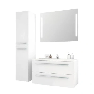 Abbildung von Sieper I Badmöbel Set Libato, Waschtisch mit Unterschrank 90 x 50 cm, Hochschrank und Badspiegel Weiß