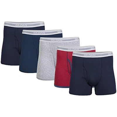 Abbildung von Gildan Herren Boxershorts, kurzes Bein, Multipack Retroshorts, Navy/Heather Navy/Sport Grey/Dot/Navy (5er Pack), Small