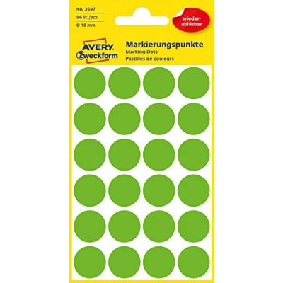 Abbildung von AVERY Zweckform 3597 selbstklebende Markierungspunkte 96 Stück (Ø18mm, ablösbare Klebepunkte auf 4 Bogen, Farbcodierung, runde Aufkleber für Kalender, Planer und zum Basteln, Papier) grün