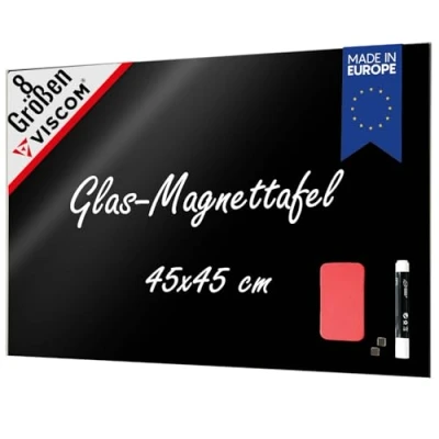 Abbildung von VISCOM Glas Magnettafel 45 x cm in sattem Schwarz rahmenlose Magnetwand Memoboard magnetisch, beschreibbar &amp; trocken abwischbar inkl. Magnete, Stift, Tafellöscher