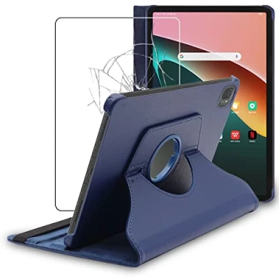 Abbildung von ebestStar Hülle für Xiaomi Pad 5 Pro, 5G (2021), Drehbar Schutzhülle, PU Lederhülle, Rotierende Ständer Etui, Rotating Case Cover, Dunkelblau + Panzer Schutz Glas
