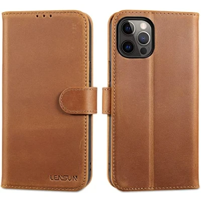Abbildung von LENSUN Echtleder Hülle für iPhone 12 Pro Max, Handyhülle [Echtes Leder][Magnetverschluss][RFID Schutz] Handytasche Lederhülle Max 5G Vintage Braun