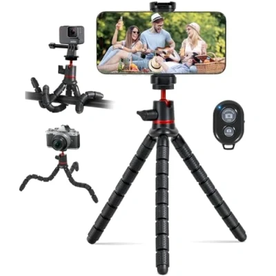 Abbildung von Handy Stativ, Mini Stativ Halter für Smartphone und Kamera, HandyStativ Ständer mit Wireless Fernbedienung Go Pro Adapter, Camera Tripod Kamerastativ (Rot)