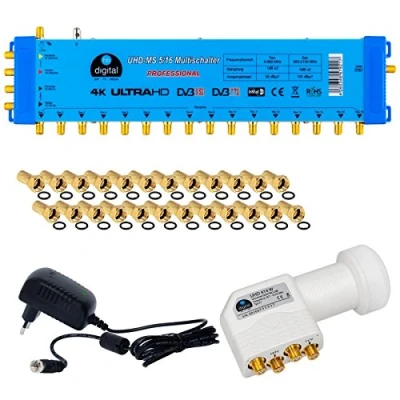Abbildung von HB DIGITAL Set: Quattro LNB + Multischalter pmse 5/16 1x Satellit &amp; bis zu 16x Teilnehmer/Receiver für Full HDTV 3D 4K UHD mit Netzteil 30 Vergoldete F Stecker