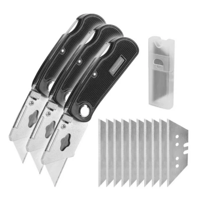 Abbildung von STAHLWERK Klappbares Cuttermesser 3er Set mit Schnellwechsel Klinge und Sicherheitsverriegelung Profi Cutter Teppichmesser Sicherheitsmesser Paketmesser Kartonmesser Klappmesser