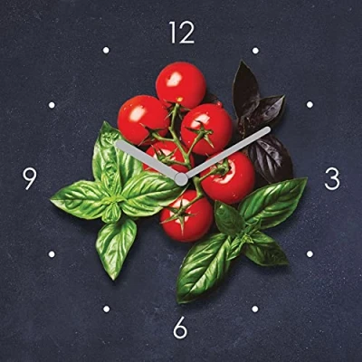 Abbildung von Levandeo® Wanduhr (Wanduhr Glas 20x20cm Tomate Basilikum Uhr Glasbild Küche Küchenbild)