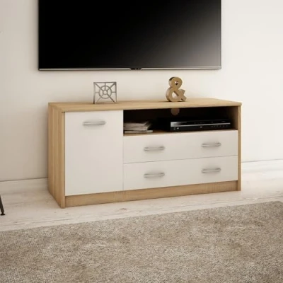 Abbildung von TV Schrank 110cm breit Lowboard mit matter Oberfläche Fernsehtisch 1 Tür, 2 Schubladen und Regalen, aus laminiertem Board, abgerundete Kante Metall Rollschienen Fernsehkommode sonoma weiß