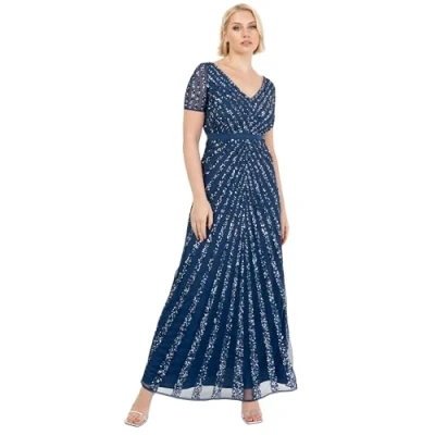 Abbildung von Maya Deluxe Damen Pailletten Maxi Abendkleid Elegant für Hochzeit V Ausschnitt A Linien Schnitt Brautjungfernkleid, French Navy, 38
