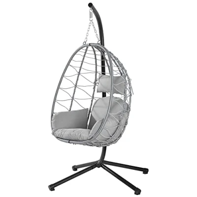 Abbildung von BAKAJI Hängesessel für den Garten, Schaukelstuhl, Hängematte Außenbereich, Gestell aus Metall, Nest Rattan und Seil + gepolstertes Sitzkissen Kopfstütze, 198 x 110 95 cm (Grau)