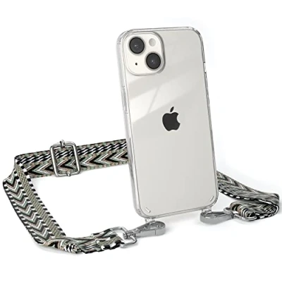 Abbildung von EAZY CASE Handykette Verstellbarer Trageriemen kompatibel mit iPhone 14, Handykordel Schutzhülle durchsichtig, Riemen für Handyketten, Grün/Schwarz Metall Silber