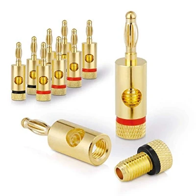 Abbildung von conecto Bananenstecker Lautsprecher Anschlussstecker Premium (8er Set) für alle Lautsprecherkabel mit einem Durchmesser von max. 6mm², 8 Stück Farbcodierung (4X rot, 4X schwarz), 24k vergoldet
