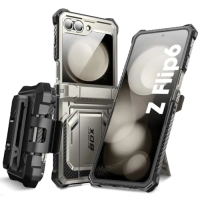 Abbildung von i Blason für Samsung Galaxy Z Flip 6 Hülle mit Ständer, Scharnierschutz Handyhülle Bumper Case Schutzhülle [Armorbox] integriertem Displayschutz und Gürtelclip (Grau)