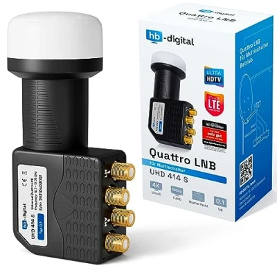 Abbildung von HB DIGITAL LNB Quattro UHD 414S für Multischalter wasserdicht Universal Single (für 4 Teilnehmer, Die vergoldeten F Anschlüsse noch bessere Signalübertragung)