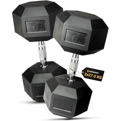 Abbildung von HQ Germany® Hexagon hanteln 27,5kg 2 Stück Geruchsarm, ±1,5% Gewichtstoleranz Hantel, 27,5 kg 2er Set, Kurzhantel, Dumbbell, Kilo Hantel Hantelset