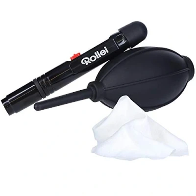 Abbildung von Rollei Profi Objektiv Reinigungsset Kamera Blasebalg/Air Blower, Lenspen + Microfaser Reinigungstuch zur professionellen Objektivreinigung 27026 Schwarz