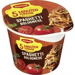 Abbildung von MAGGI 5 Minuten Terrine Spaghetti Bolognese, leckeres Fertiggericht, Instant Nudeln, mit Hackfleisch, 1er Pack (1 x 60g)