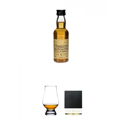 Abbildung von The Singleton of Dufftown 12 Jahre Single Malt Whisky 5 cl + Glencairn Glass Glas Stölzle 1 Stück Schiefer Glasuntersetzer eckig ca. 9,5 cm Durchmesser