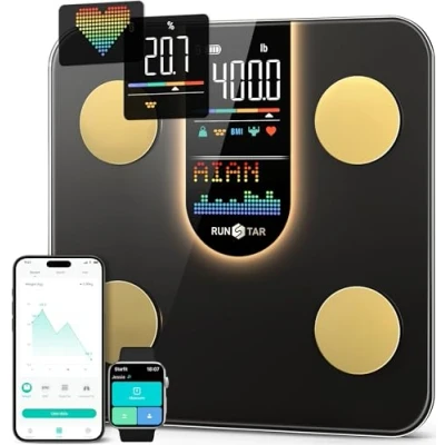 Abbildung von Runstar Smartwaage für Körperanalyse 8 in 1 Präzisionswaage mit VA Display Misst Herzfrequenz, BMI, Körperfett 22 Körperwerte App Synchronisation