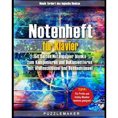 Abbildung von Notenheft für Klavier: 150 Seiten Notenpapier blanko zum Komponieren und Dokumentieren mit Violinschlüssel Bassschlüssel