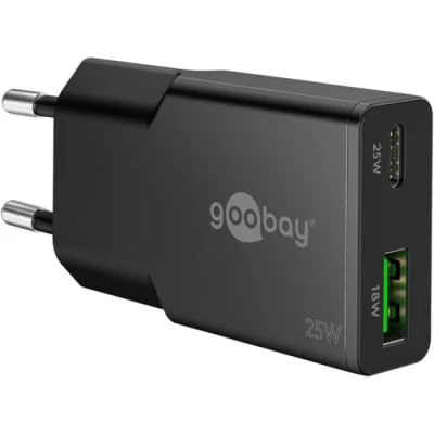 Abbildung von goobay 25W USB C GaN Ladegerät, Super Slim Dual Port Netzteil mit Power Delivery &amp; Quick Charge, Flaches Schnellladegerät für iPhone 15/14, Samsung Galaxy S24/S23, iPad, Tablet Weiß 75734