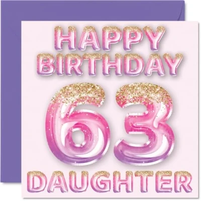 Abbildung von Stuff4 Geburtstagskarte zum 63. Geburtstag für Tochter rosa &amp; lila Glitzerballons Happy Birthday Karten 63 Jahre alte von Mama Papa Eltern, 145 mm x