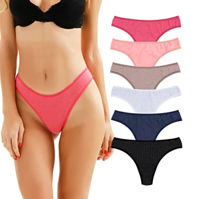 Abbildung von KNITLORD String Tanga Damen, Unterwäsche aus Baumwolle, atmungsaktive Unterhosen No Show Thong, Hipster, 6er Pack Basisfarben Medium