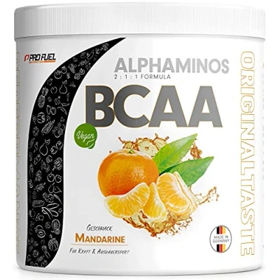 Abbildung von BCAA Pulver 300g MANDARINE Alphaminos 2:1:1 Drink mit 8000 mg unfassbar leckerer Geschmack, Essentielle Aminosäuren (EAA) Leucin, Isoleucin &amp; Valin vegan laborgeprüft Zertifikat
