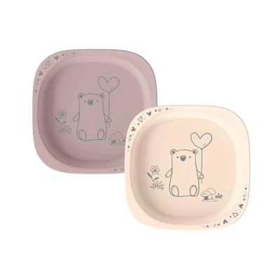 Abbildung von nip Green Öko Baby und Kinderteller, mikrowellen spülmaschinengeeignet, extra flach &amp; perfekt für Beikoststart, BPA frei, ohne Melamin, nachhaltig, 2er Set, Tiermotiv, Rosa