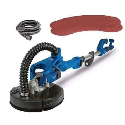 Abbildung von Scheppach Wand &amp; Deckenschleifer DS920 + 24 tlg. Zubehör Wandschleifer Tellerschleifer Trockenbau Langhalsschleifer 710W, Ø 225mm, bis 90 neigbarer Schleifkopf Absaugadapter, Schlauch LED