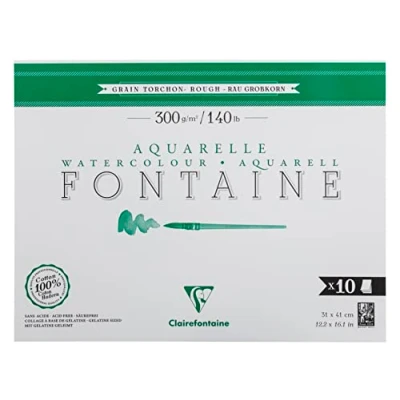 Abbildung von Clairefontaine 975516C Aquarellblock Fontaine Torchon, 100% Hadern, 10 Blatt, 31x41cm, 300g, 1 seitig geleimt, ideal für Nasstechniken, Block
