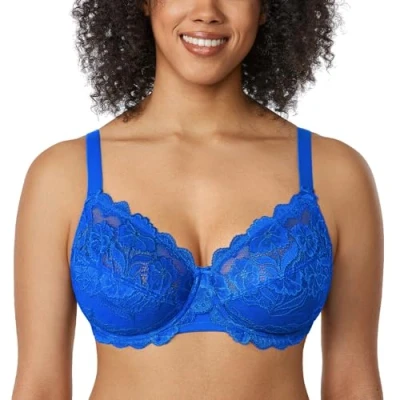 Abbildung von DELIMIRA Damen Vollschalen BH ungefütterte Spitze Tüll Cup,mit Bügel Funkelndes Blau 90B