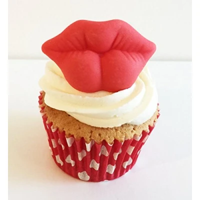 Abbildung von 6 Handgemachte Kuchendekorationen aus Zucker: Große rote Lippen