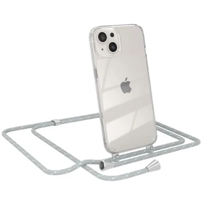 Abbildung von EAZY CASE Handy Chain kompatibel mit iPhone 13, Handykette Tasche transparent, Stoßfeste Soft Silikon TPU, Stylische Kette Hülle für Smartphone, Grau/Weiß Verschlüssen in Silber