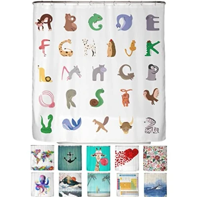Abbildung von arteneur® Alphabet ABC Anti Schimmel Duschvorhang 180 x 200 cm Recycelt mit Öko Tex Standard 100 Beschwerter Saum, Blickdicht, Wasserdicht, Waschbar, 12 Ringe &amp; E Book