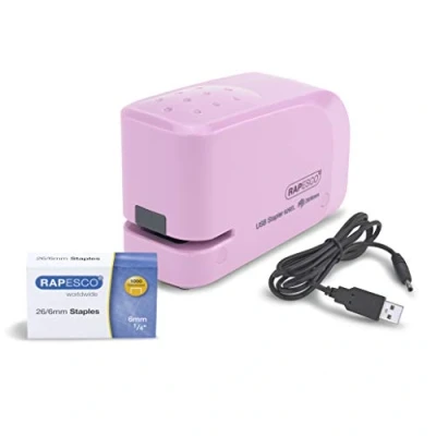 Abbildung von Rapesco 1451 626EL Automatisches USB/Batterie Heftgerät mit 1000 26/6mm Heftklammern, 15 Blatt Heftleistung, Rosa