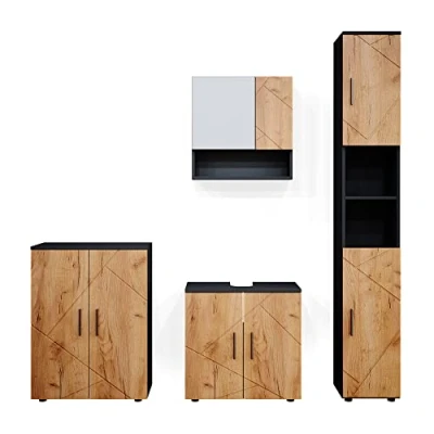 Abbildung von Vicco Badmöbel Set Irma, Anthrazit/Eiche, 4 Teile, mit Hochschrank und Kommode, (4 er Set, St., Set)