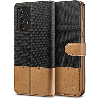 Abbildung von BEZ Samsung A52s 5G Hülle, Tasche Kompatibel für Galaxy A52 / A52s, Handyhülle aus Klappbar mit Kreditkartenhaltern, Ständer, Magnetverschluss, Schwarz
