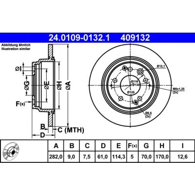 Abbildung von ATE 24.0109 0132.1 Bremsscheibe 282,0 9,0 5 114,3 voll HONDA: Legend 2 Limousine, Coupe, Shuttle
