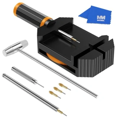Abbildung von MMOBIEL Uhrenarmband Verbindungsstift Entferner, Reparatur Werkzeug Set für Uhrmacher mit Stiften, Federschieber, Stahlstanzer, Schwarz Hammer, Modern