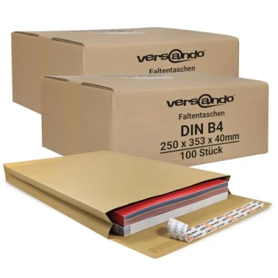 Abbildung von versando 200x B4 Faltentaschen 4cm Falte ohne Fenster (250x353x40 mm) Versandtaschen Bodenfalte haftklebend braun