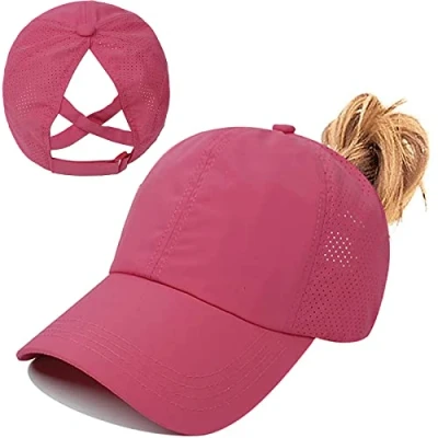 Abbildung von Pferdeschwanz Baseballkappe Damen Sommer Einstellbare Schnell trocknende Masche Atmungsaktiv Baseballmütze Unisex Criss Cross Hüte Sport Mütze (Rose Red)