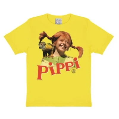 Abbildung von Logoshirt® Pippi Langstrumpf &amp; Herr Nilsson I T Shirt Print Kinder Mädchen Jungen kurzärmlig gelb Lizenziertes Originaldesign; Größe 140/152