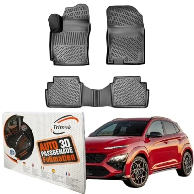 Abbildung von Trimak Passgenau 3D Fussmatten kompatibel mit Hyundai Kona 2.Gen ab 2023 Auto Zubehör 1. und 2. Reihe Gummimatten Autos TPE Allwetter Geruchlos rutschfest Vorne Hinten Schwartz