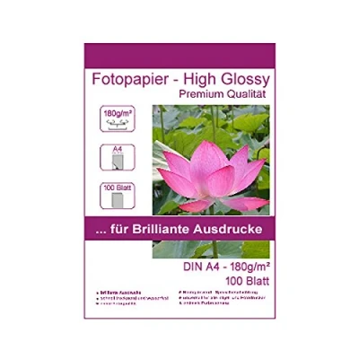Abbildung von 100 Blatt DIN A4 210x297 mm 180g/m² Fotopapier Hglossy wasserfest Photopapier hochglänzend high glossy photopaper photo paper glänzend 180g / m² 180g/qm 210 x 297 21 29,7 cm