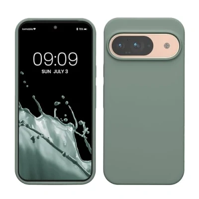 Abbildung von kwmobile Hülle kompatibel mit Google Pixel 9 / Pro Silikon Handy Case Handyhülle weiche Oberfläche kabelloses Laden Rainwashed Grün
