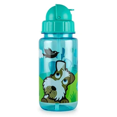 Abbildung von TUM Kinder Trinkflasche Tritan mit Strohhalm Trinkflaschen Deckel extra auslaufsicher leicht zu öffnen 400ml BPA frei verschiedene Motive (Hund Scruff)