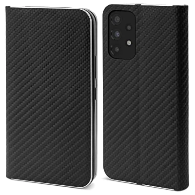 Abbildung von Moozy Hülle für Samsung A33 5G, Schwarz Carbon Metallischer Kantenschutz Klapphülle Handyhülle mit Kartenfach und Standfunktion